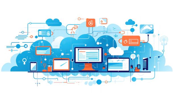 A digital illustration of various computing devices connected by lines and icons against a blue cloud background.