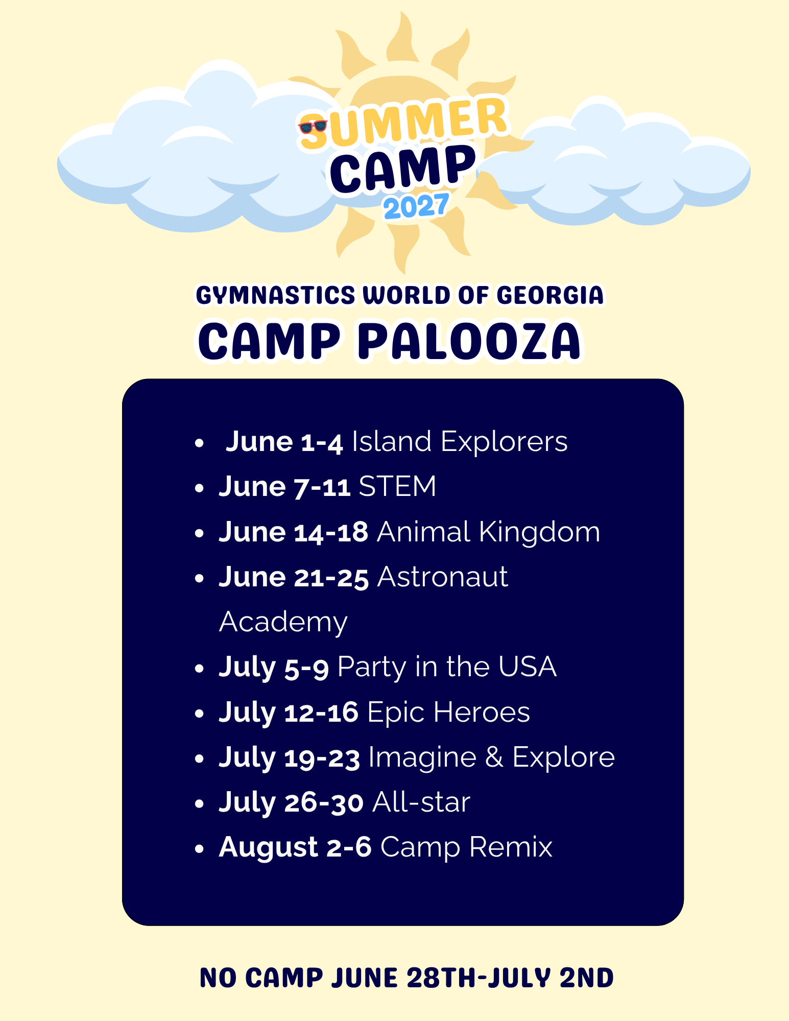 A schedule for a summer camp is displayed on a yellow background.