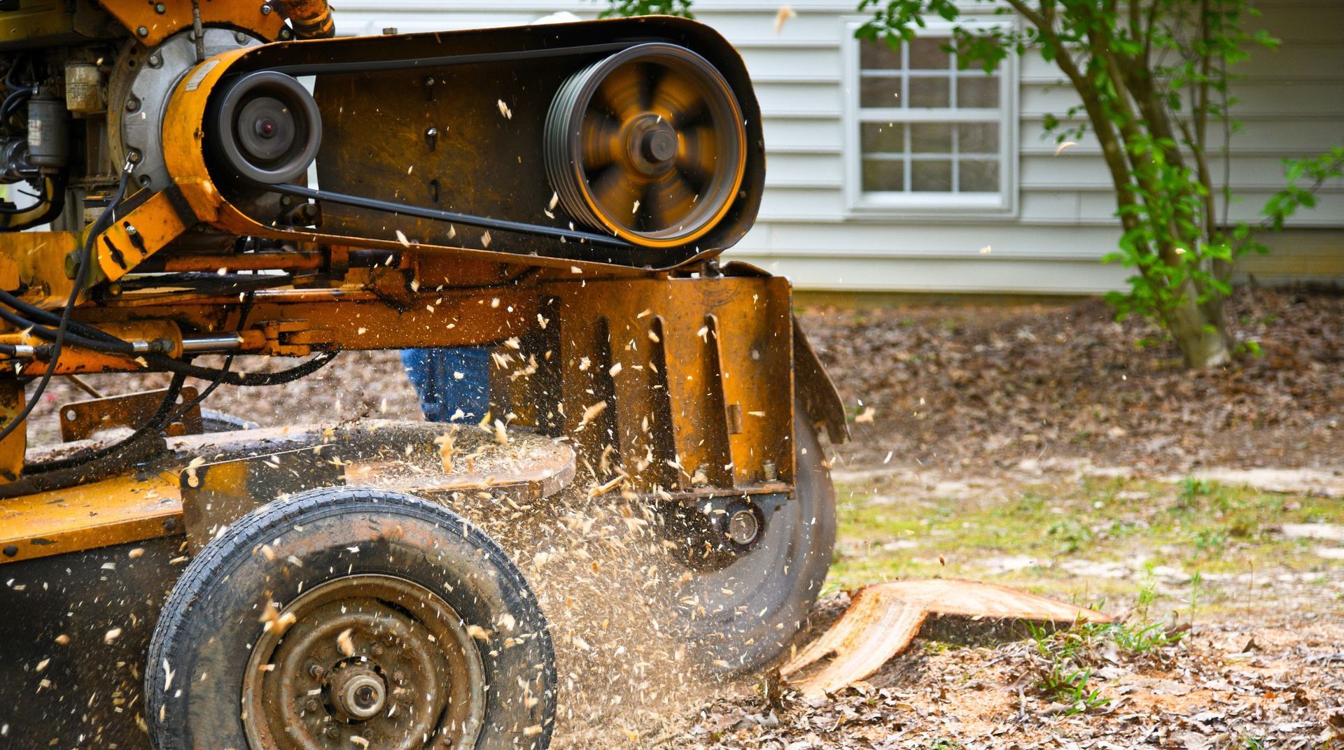 Close-up of stump grinding equipment removing a tree stump near a residential yard during a tree service