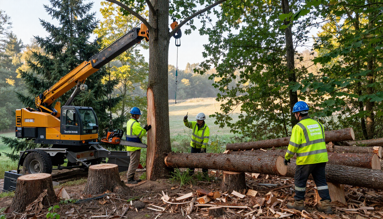 Tree crew using a crane and safety gear to remove a large fallen trunk from a wooded yard during tree services in Placentia, CA