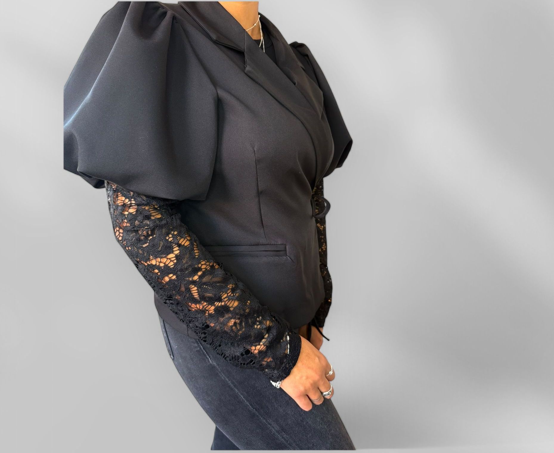 Pof blazer zwart met kant