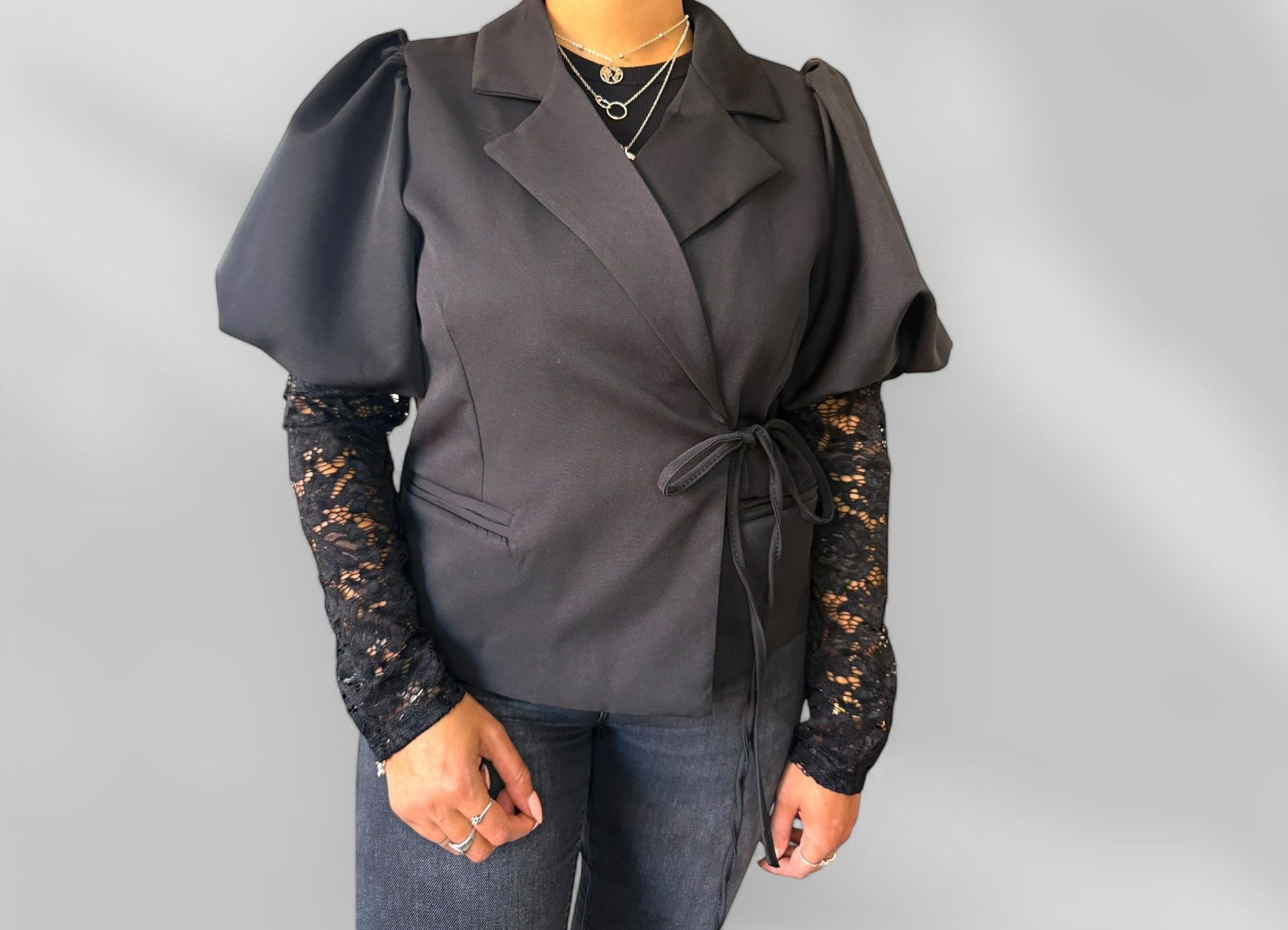Pof blazer zwart met kant