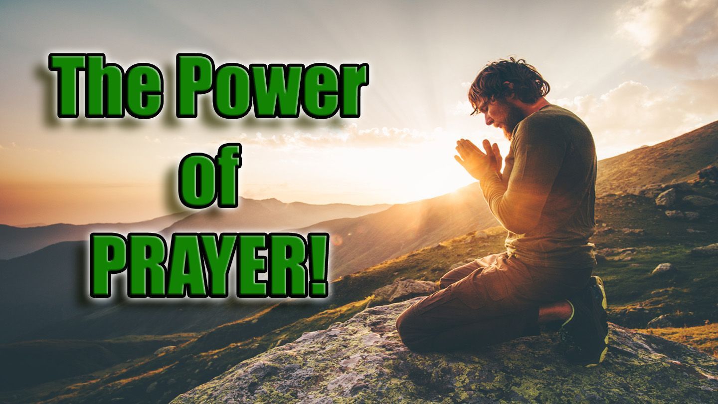 A person praying on a mountaintop at sunrise with text 