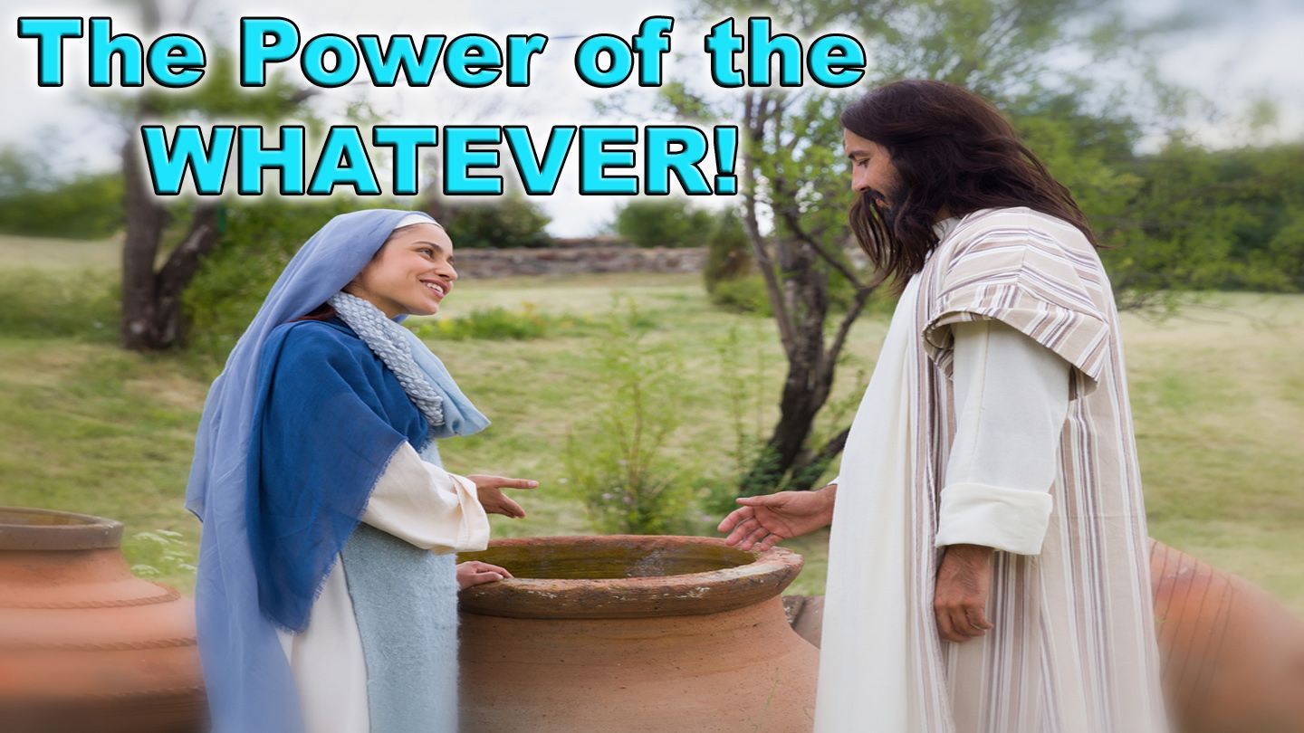 A woman in blue speaks with a man in white robes beside large jars outdoors. Text: 