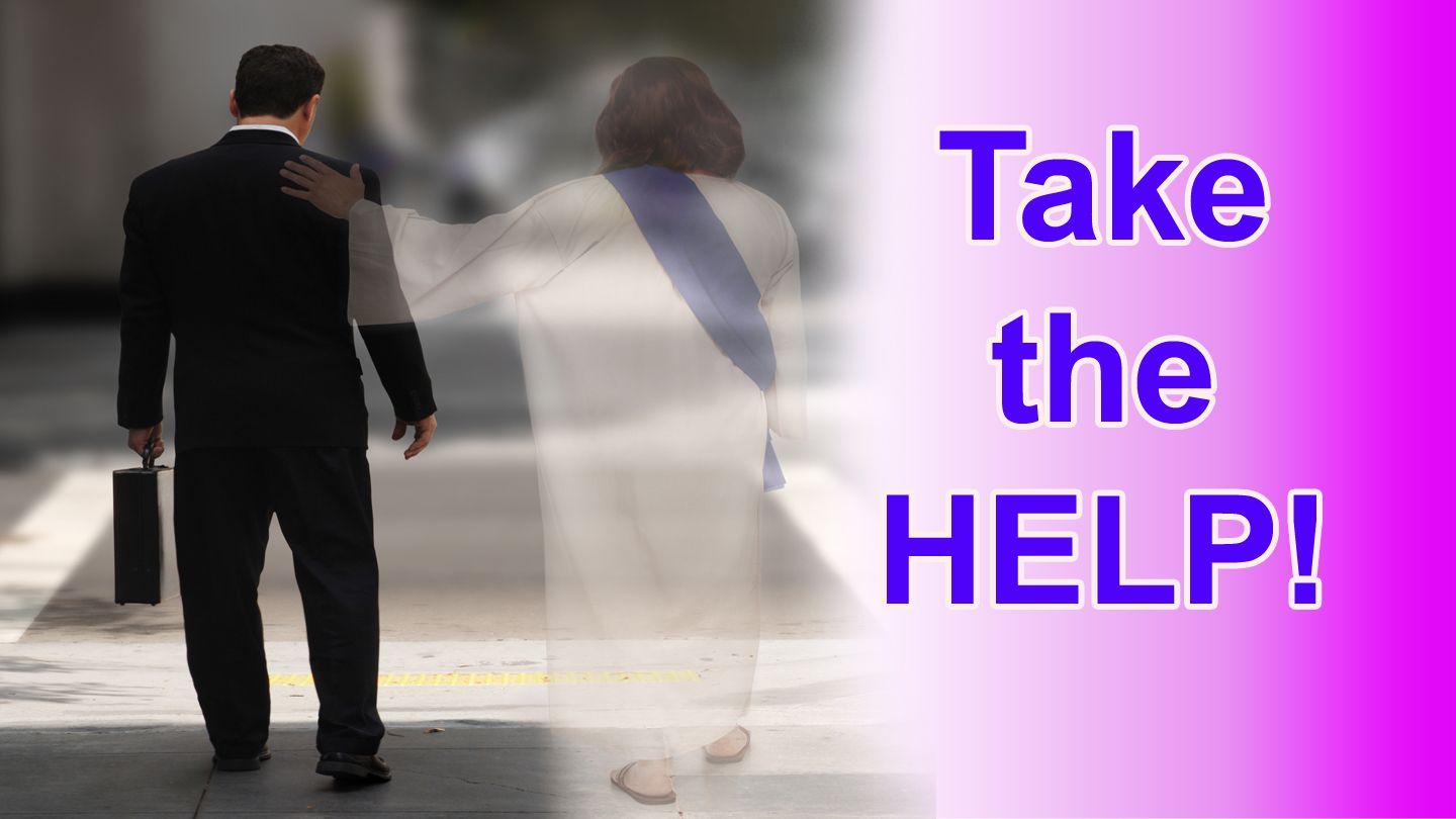 A businessman walks forward; a translucent figure offers a hand of support. Text says 