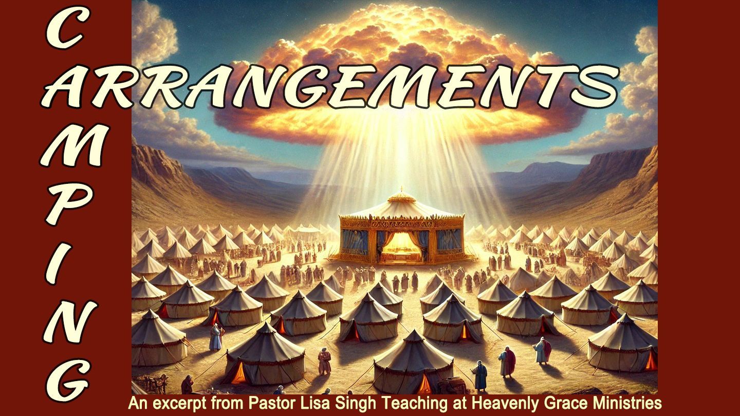 Camping arrangements graphic: tents surrounding a central structure, bright light from above.