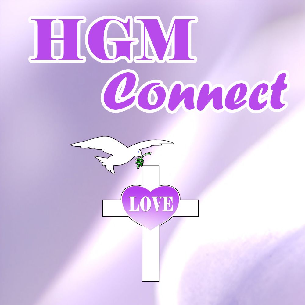 HGM Connect logo with lavender background, white cross, dove, and heart. The word 