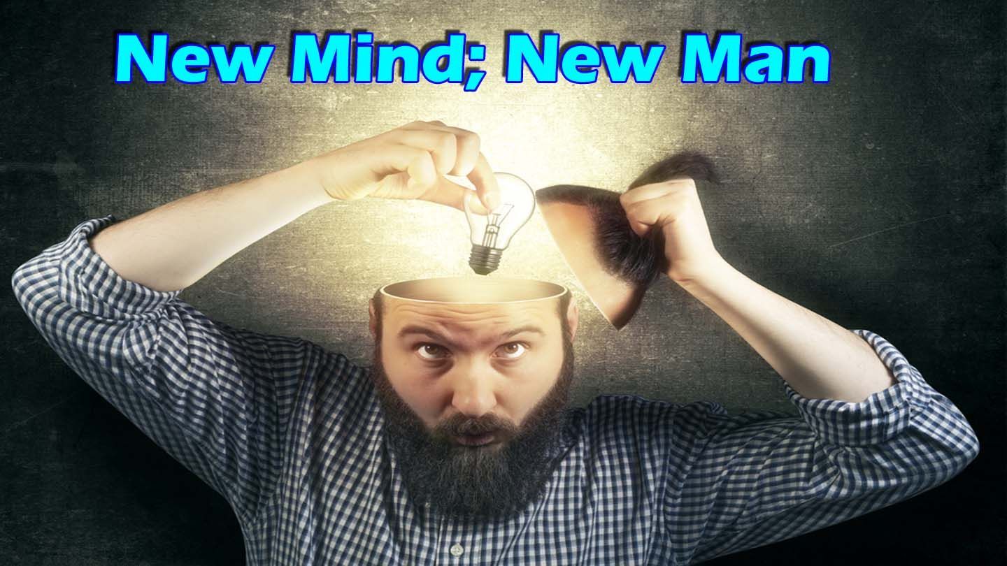 Man holding his head open, inserting a lightbulb, with text 