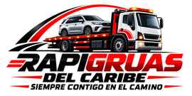 Logotipo para Rapid Grúas del Caribe con una grúa que transporta un automóvil, en rojo, negro y blanco