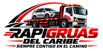 Logotipo de una grúa con un coche deportivo rojo, blanco y negro y el texto «RAPIGRUAS DEL CARIBE»