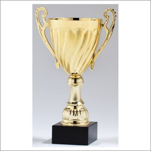 A gold trophy is sitting on a black base