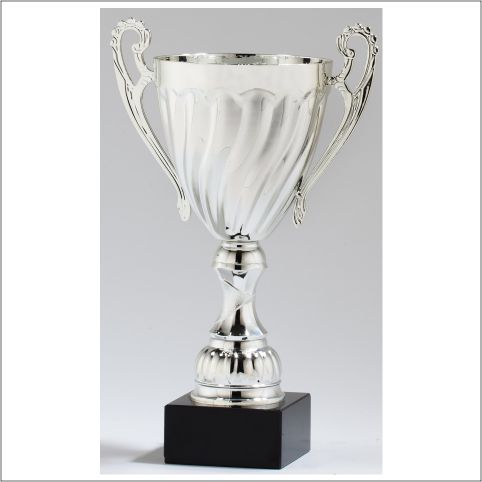 A silver trophy is sitting on a black base