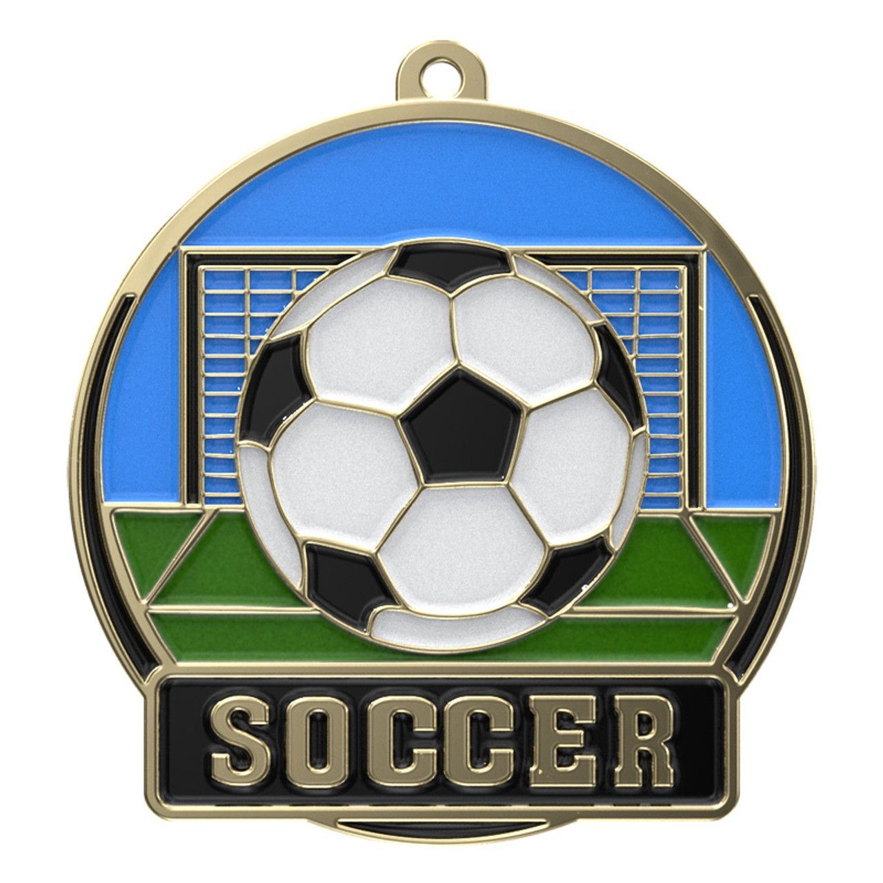 A medal with a soccer ball and the word soccer on it