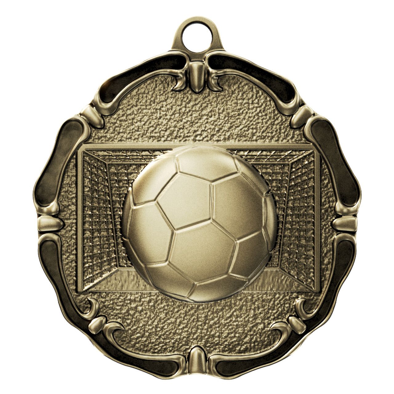 A gold and black medal with a soccer ball on it