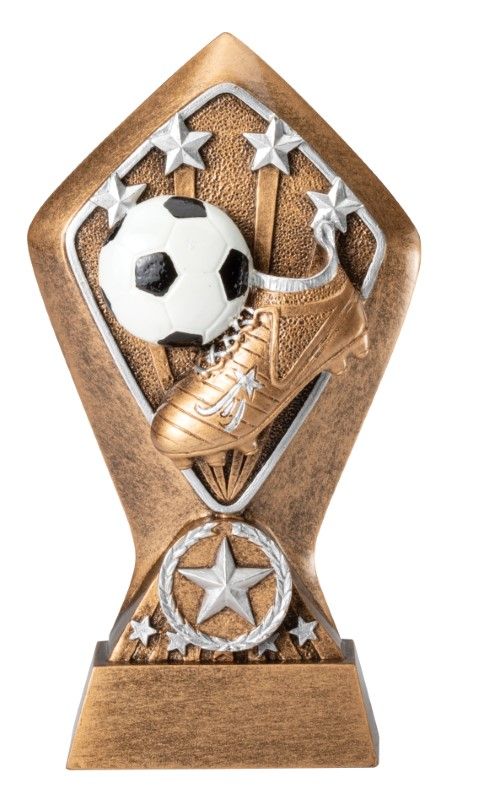 Gold soccer trophy with a black-and-white ball, silver stars, and a soccer cleat motif