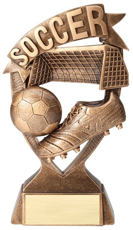 Bronze soccer trophy with goal, ball, shoe, and “SOCCER” banner on a wood base