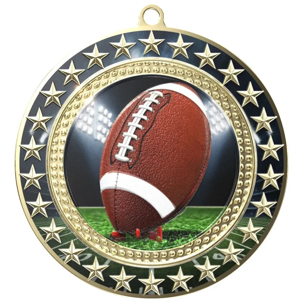 Football ornament medallion with a brown football centered in a gold star border