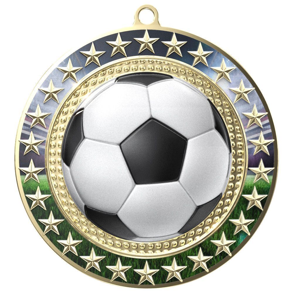 Gold soccer medal with star border and a black-and-white football in the center