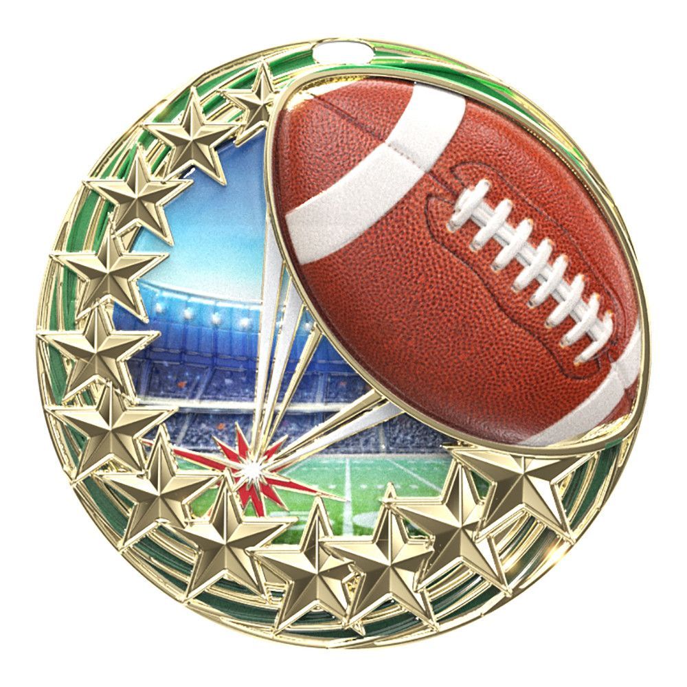 Gold medallion with football, stadium, and star border