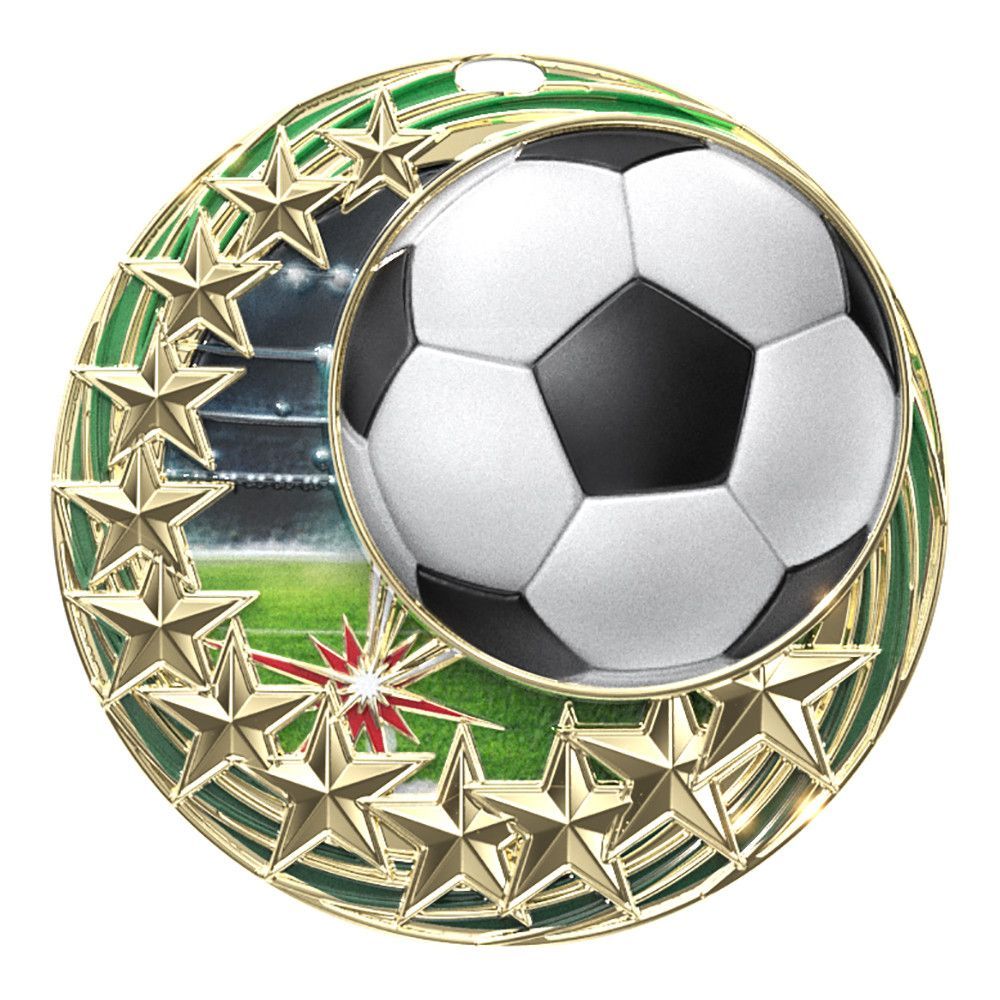Gold soccer medal with a black-and-white soccer ball and star border on a white background