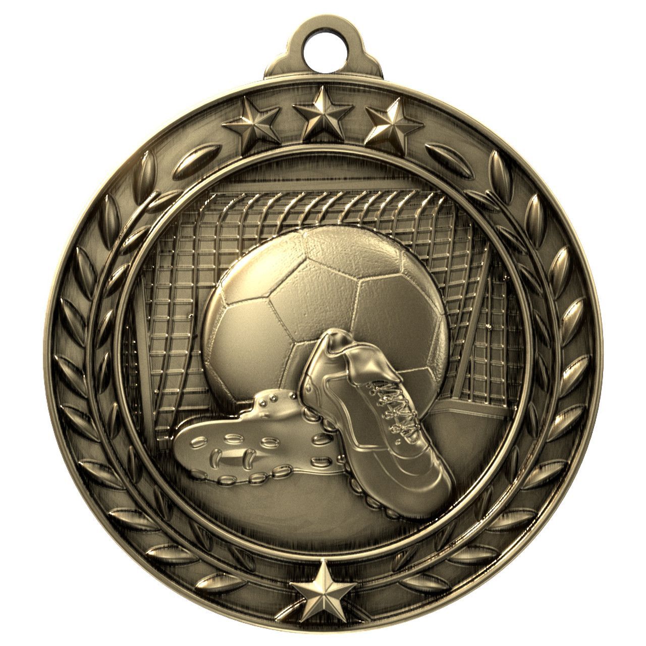 A gold medal with a soccer ball and a shoe on it