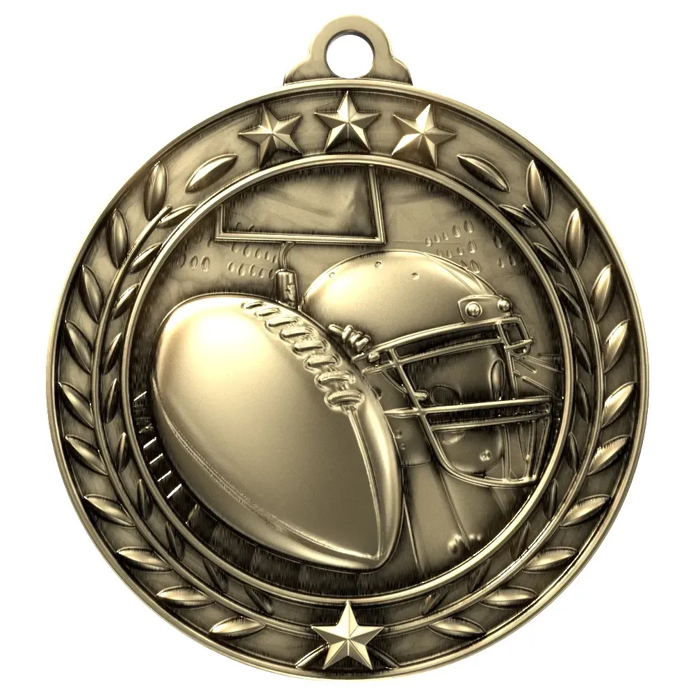 Gold football-shaped medal with stars and laurel wreath border