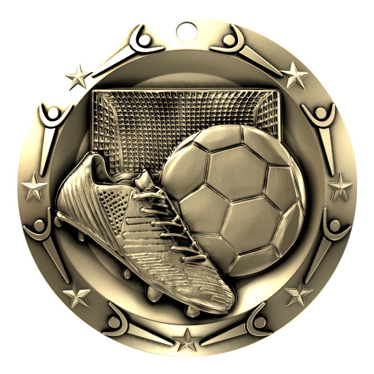 A gold medal with a soccer ball on it