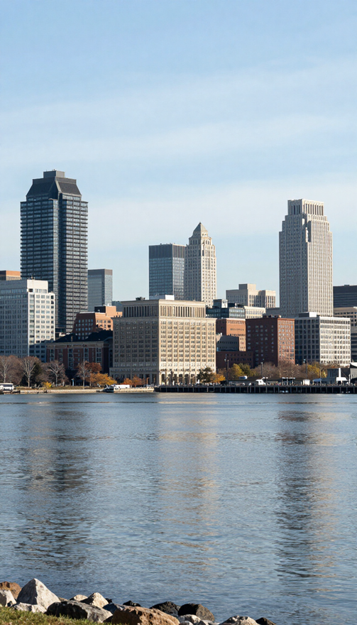 City skyline across calm water under a clear blue sky, with rocks in the foreground.
