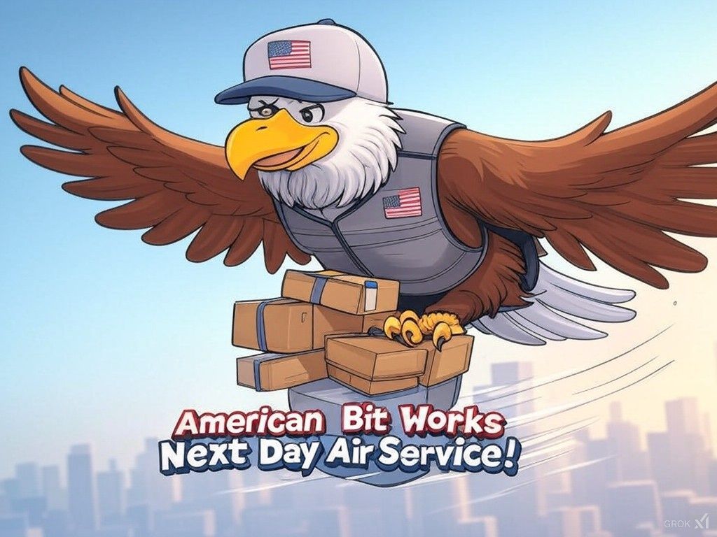Cartoon image of an eagle delivering  boxes clutched in it talons.