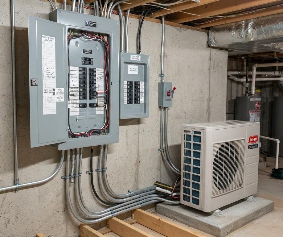 a heat pump connected to an electrical panel inside a basement