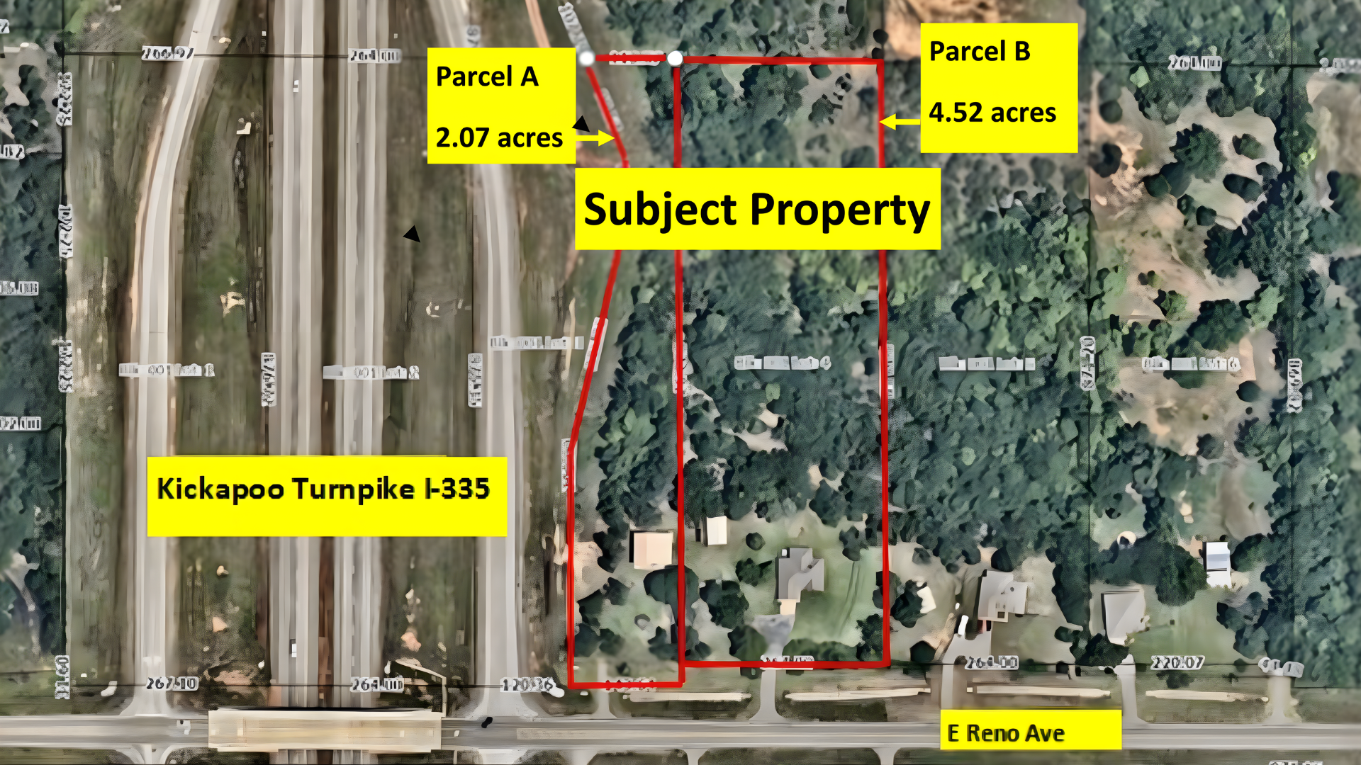 Aerial map of 6.59-acre land property for sale along E Reno Avenue near Kickapoo Turnpike I-335 in Oklahoma, featuring Parcel A and Parcel B outlined in red.