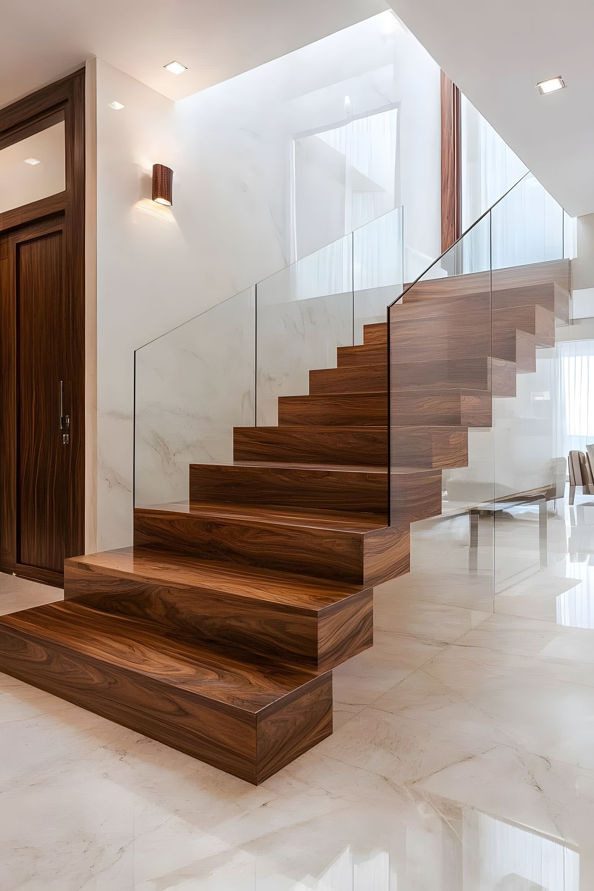 Un escalier en bois avec une rampe en verre dans une maison moderne.