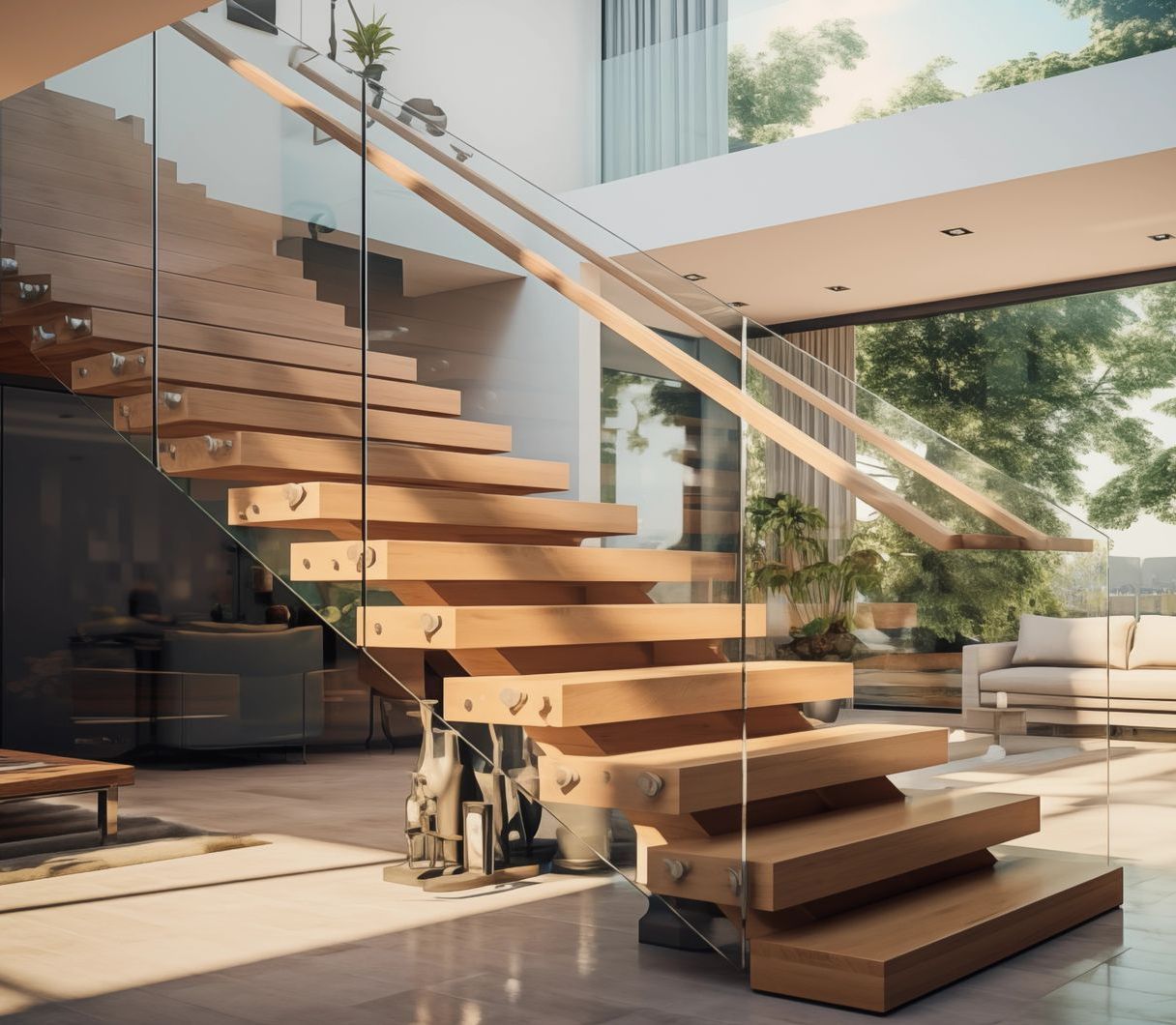 Un escalier en bois avec une rampe en verre dans un salon