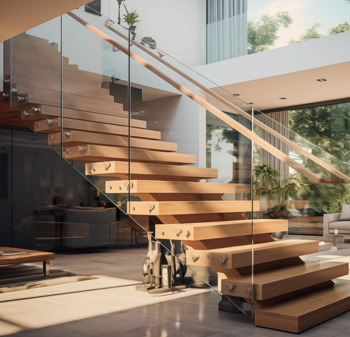 Un escalier en bois avec une rampe en verre dans une maison