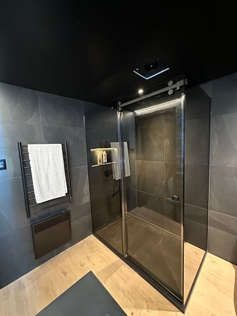 Une salle de bain avec une douche à l'italienne et un sèche-serviettes.