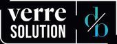 Le logo de verre solution est noir et blanc avec un symbole de pourcentage bleu.