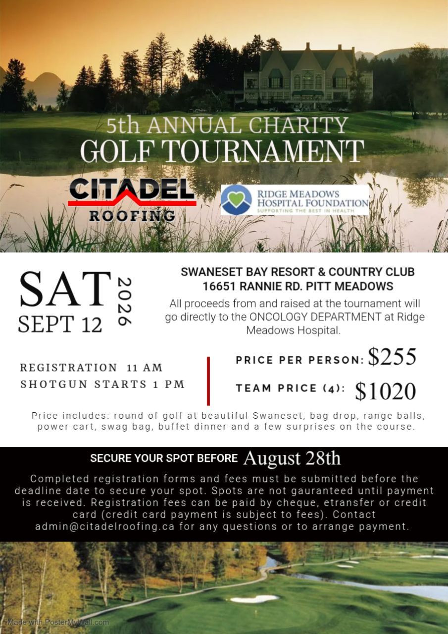 Golf tournament advertisement at Swaneset Bay Resort & Country Club, Sept 12, 2026. Sponsored by Citadel Roofing.