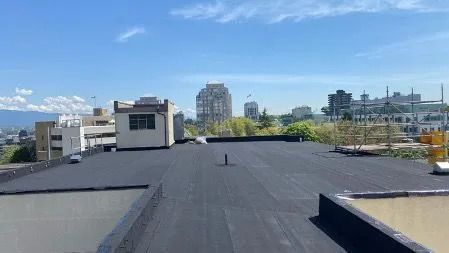 Rooftop view of flat black roofs with a distant city skyline under a clear blue sky.