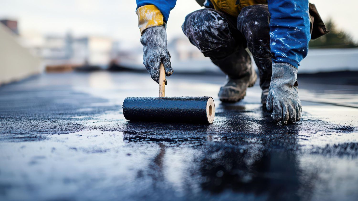 Worker rolling black pavement coating on wet asphalt with a paint roller outdoors