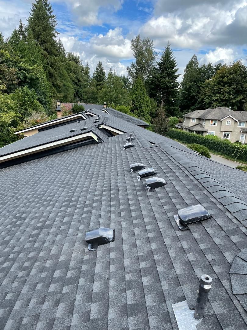 A roof with a lot of vents on it and trees in the background.