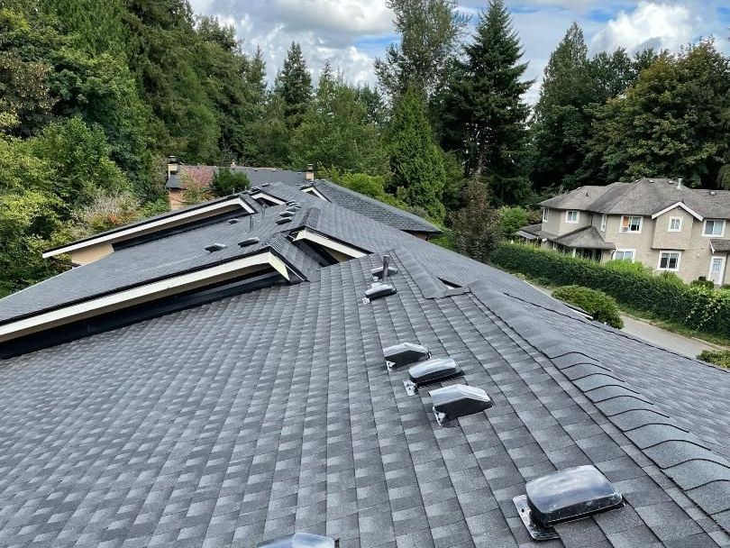 A roof with a lot of vents on it and trees in the background.