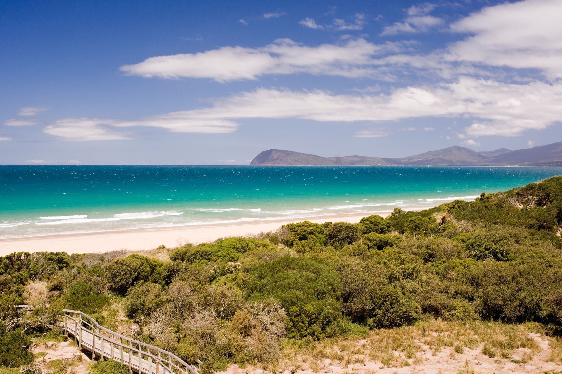 Aereal view of beach and forest on the Bruny Island, TAS.