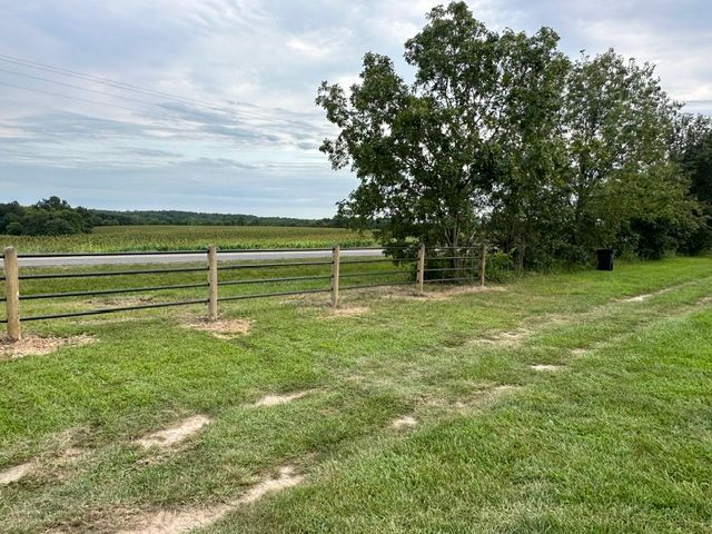 Grassy field with a wooden fence, trees, and a cloudy sky beside a rural road