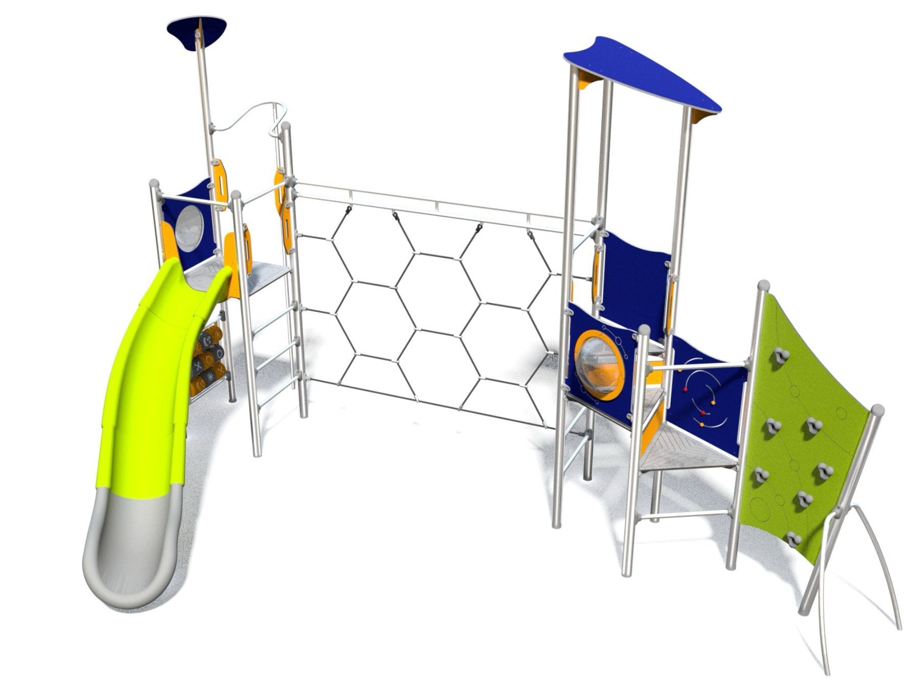 Play tower multi unit with slide and climbing net