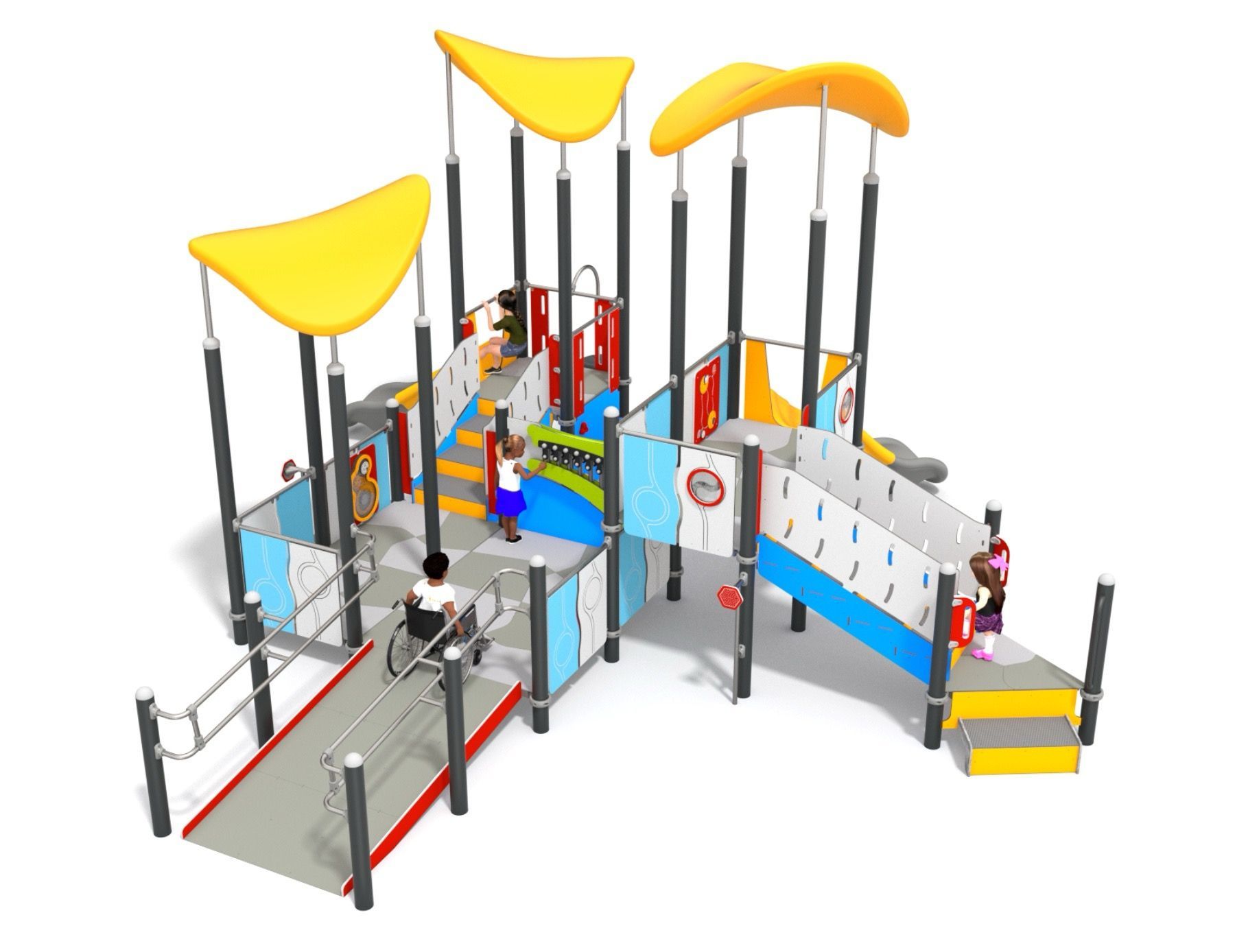 Inclusive Play Equipment have been designed for both typically developing children and those with all king of disabilities that exclude them from playing on a standard playground.