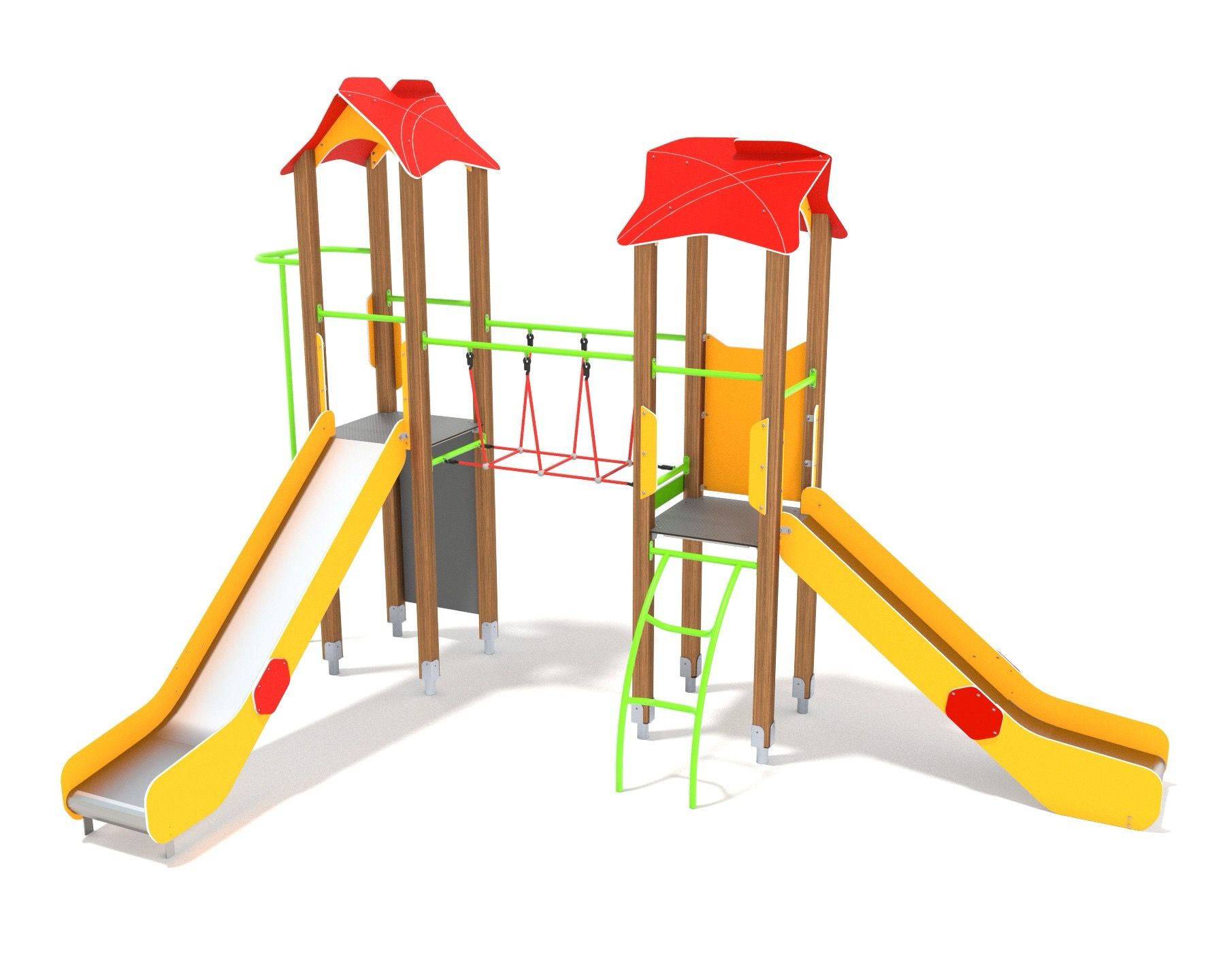 Play unit with slide and rope bridge