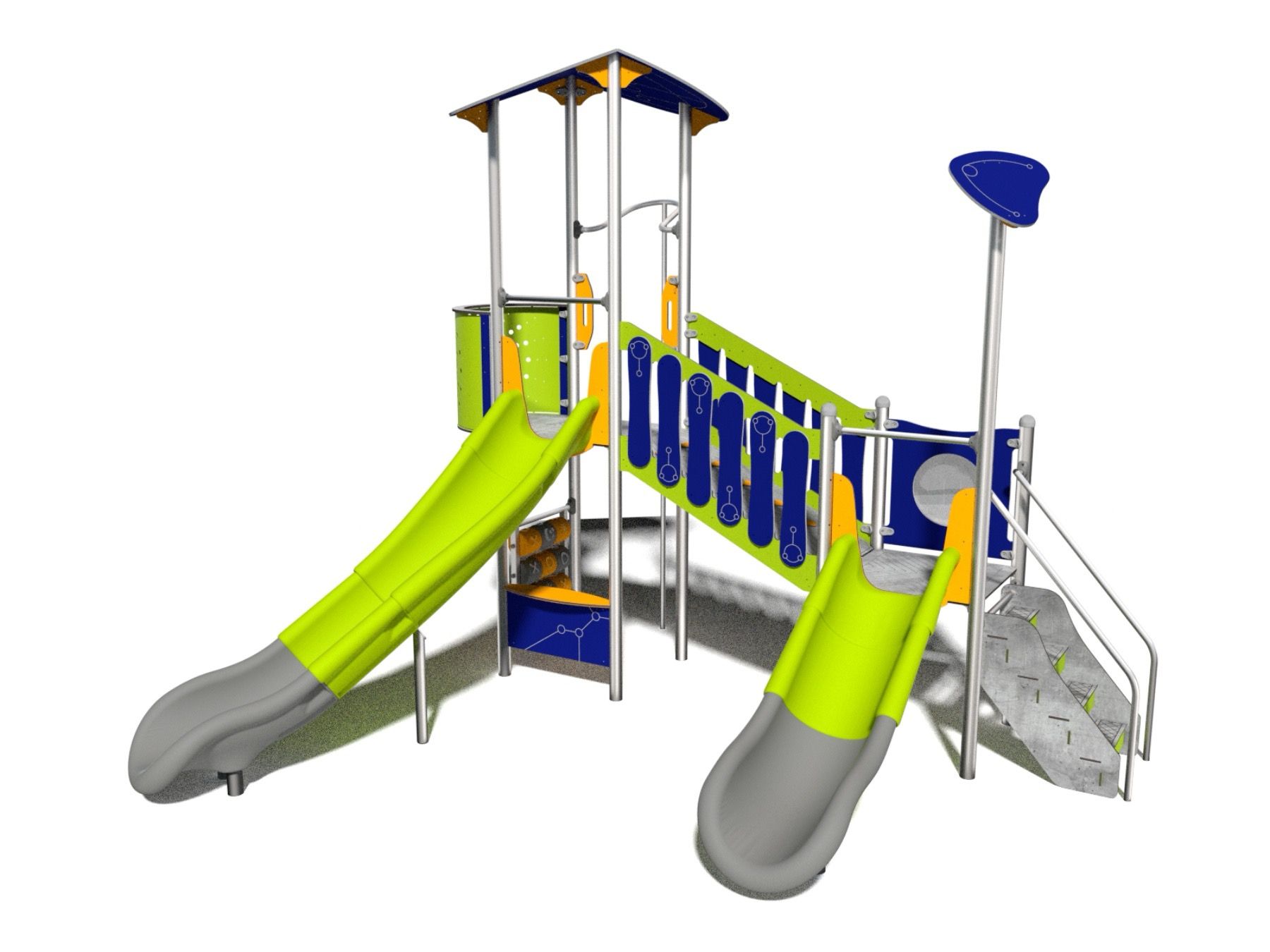 Play equipment with intense colours and cosmic details that will make the playground attract all children