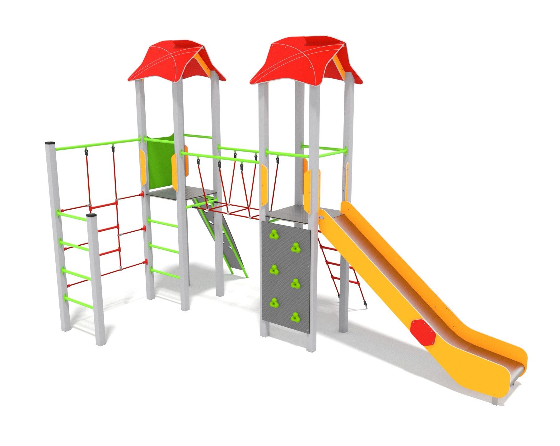 Play unit with slide and climbing nets
