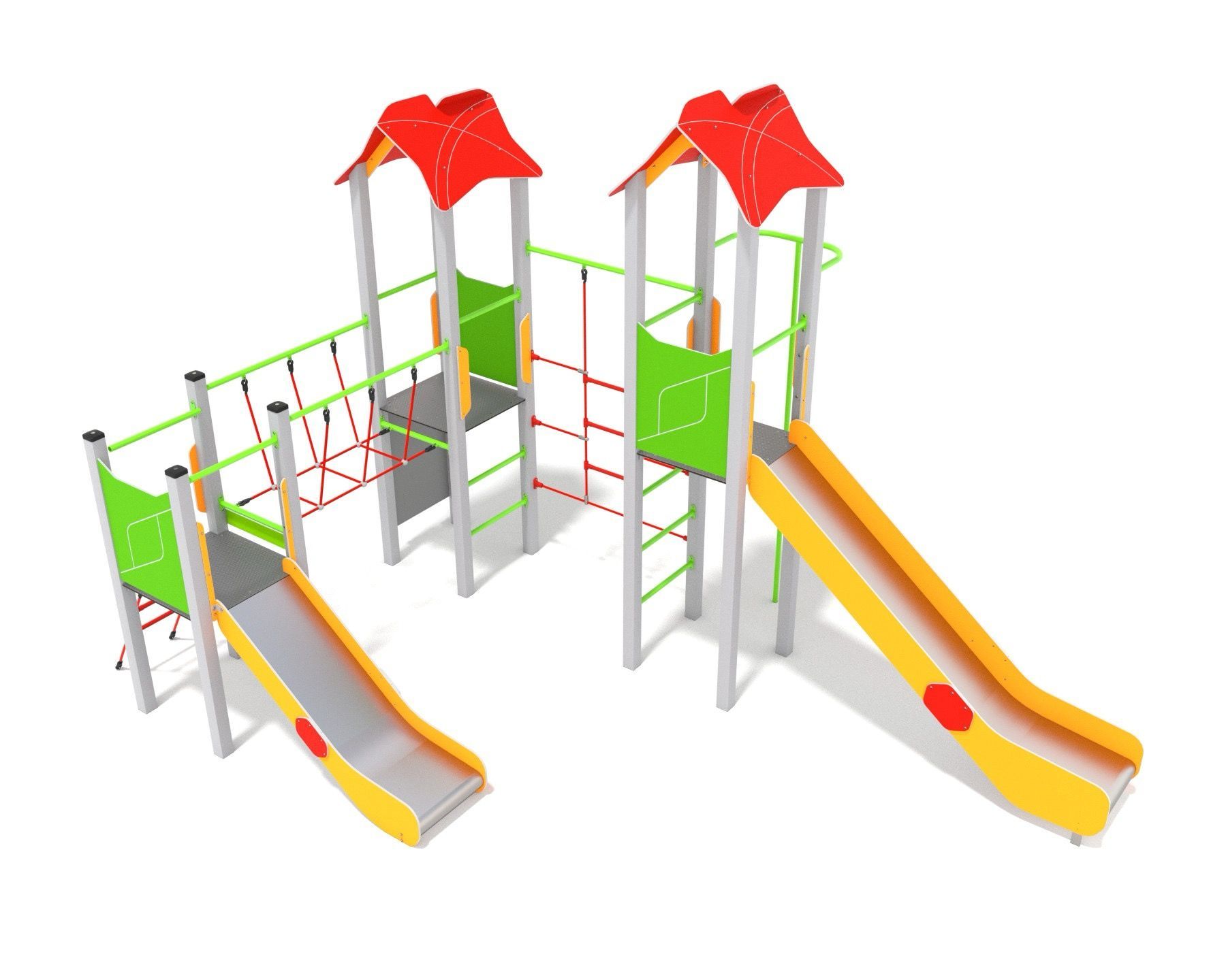 Play unit with two slides and climbing nets