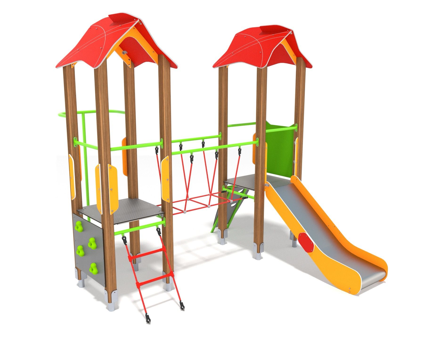 Play unit with slide and rope bridge net